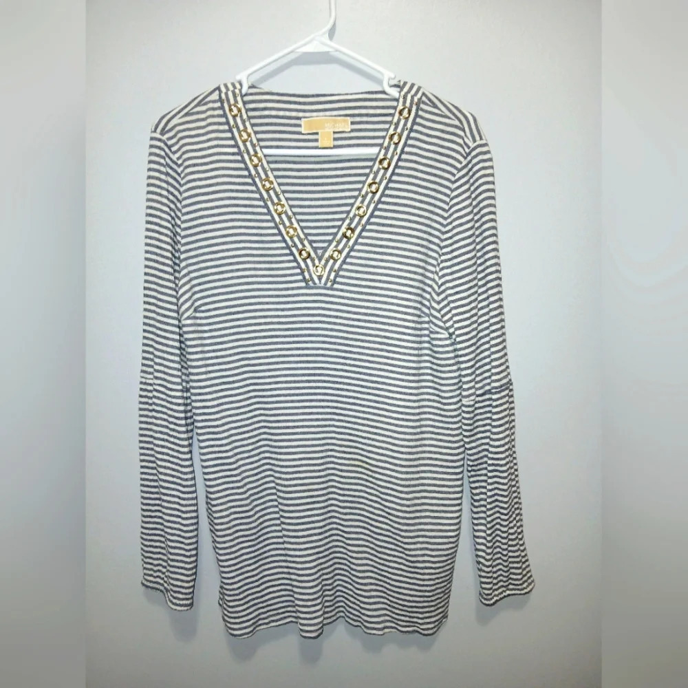 Michael Kors V-neck Grommet Long Sleeve Top Women's Large Nautical